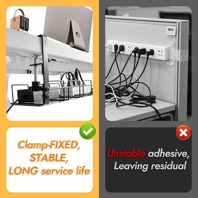 Under Desk Cable Management Tray No Drill - 15.7'' Long 5.1'' Wide Workspace Organizers, Steel Cord Organizers, 4 Cable Holder, 12 Roll Cable Organizer Straps, No Drill, No Damage to Desk(Black)