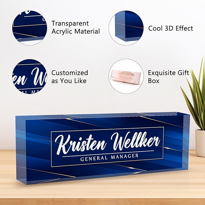 Desk Name Plate Personalized Name Plate for Desk, Office Desk Decor, 3D Style Personalized Plaque Name Plates for Desks Custom Appreciation Gifts for Boss Lady Employee Coworkers (Deep Blue)
