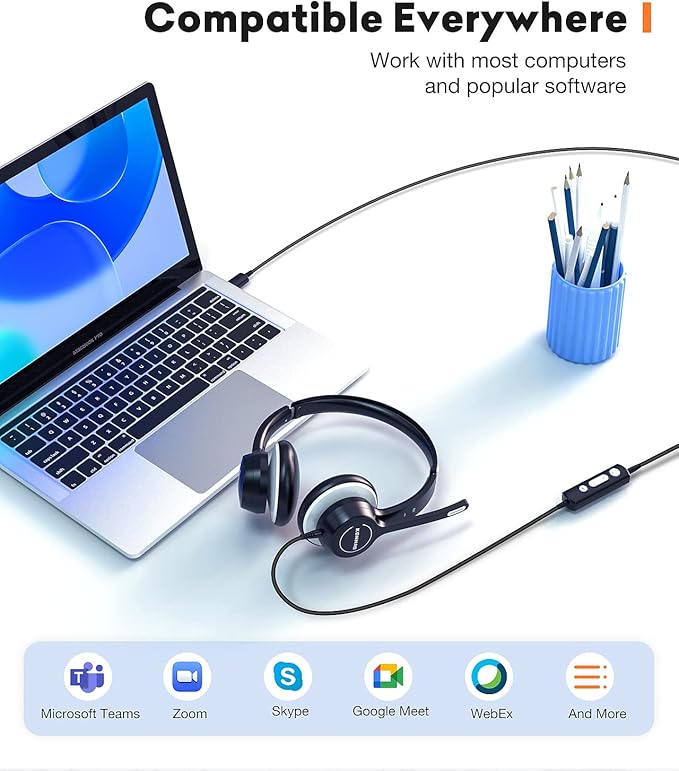 KONNAO USB Headset with Microphone, 3.5mm Wired Computer Headsets with Noise Cancelling Microphone, Stereo Headphones with MIC for PC, in Line Controls, Work Headset for Skype Zoom Tablet Laptop