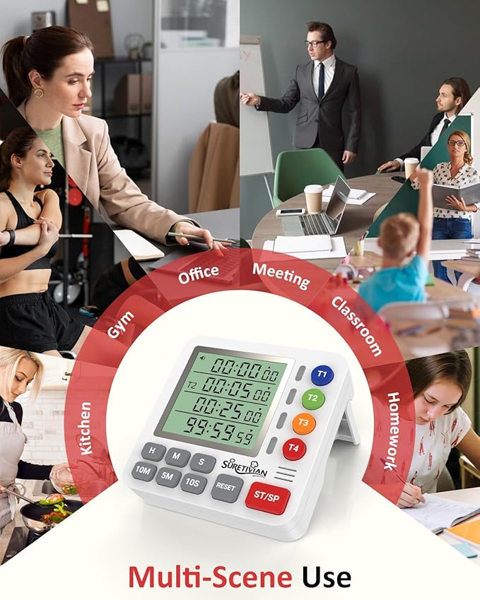 Digital Kitchen Timer for Cooking - 4 Channel Count Up Countdown Timer with Loud Alarm and Silent Mode, Large Display, Magnetic Back, Auto Memory for Classroom Study Gym, Battery Included (White)