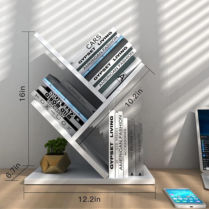 Godferyxin Tree Bookshelf, 3-Tier Wood Small Bookshelf and Mini Book Shelf for Office, Home or School Desk Book Shelf for for Displaying Books, CDs, Magazines Wood Storage Rack-Whit