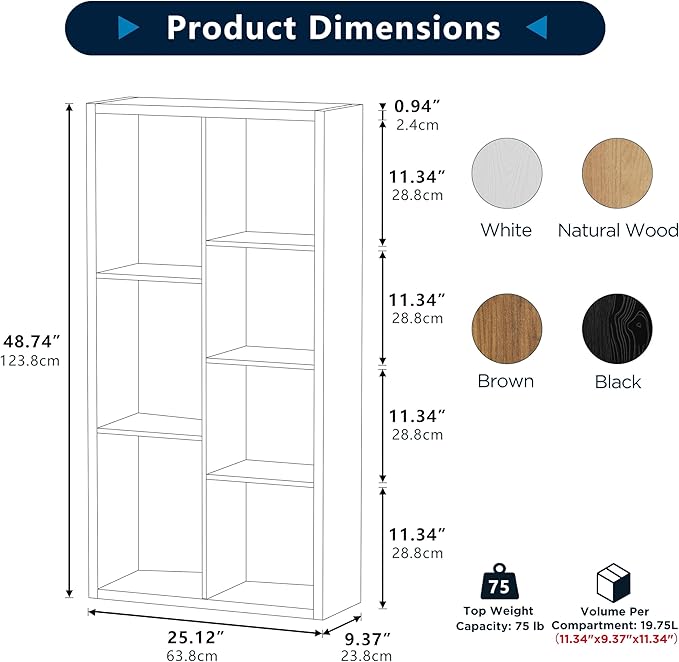 7 Cube Storage Organizer, Cube Shelf with Heavy-Duty Thick Boards, 25.12" L x 9.37" W x 48.74" H, Smooth Easy-Clean Panels, Simple Assembly, for Living Room Bedroom Office, Black