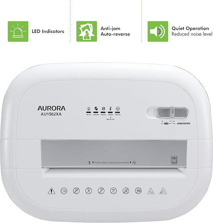 Aurora Heavy Duty Anti-Jam 15-Sheet Crosscut Shredder/60 Min Run Time/ 6-Gallon Pullout Basket, White