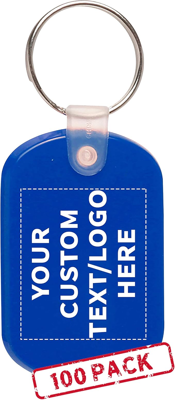 DISCOUNT PROMOS Tag Soft Plastic Keychains - 100 pack - Customizable Text, Logo - Small Key Tag Chain For Staying Organized - Rubber Key Ring Keychain – Blue