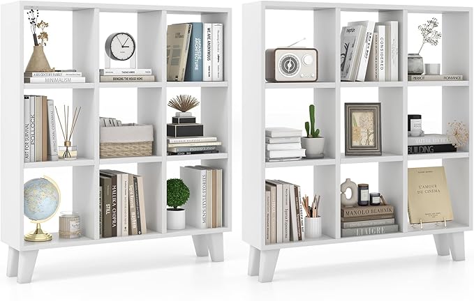 Giantex 9-Cube Open Bookcase of 2, 3-Tier Freestanding Bookshelf with 4 Slanted Legs & 6 Removable Shelves, Modern Cubby Storage Organizer, Wood Display Book Shelf for Living Room Bedroom Study, White