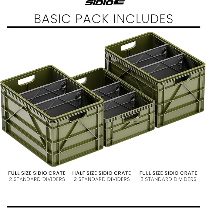 SIDIO Crate Basic Pack - 2 Full-Size & 1 Half-Size Heavy Duty Stackable Storage Bins, Totes and Containers with Dividers - Durable Plastic Organizer for Home, Office, Garage, and Outdoor Use, Green
