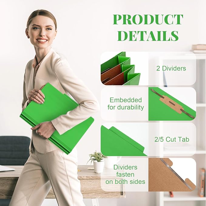 Skyygemm 12 Pcs Classification Folders Letter Size Bulk - 2 Dividers Pressboard File Folder with 3. 5 Inch Expansion, 2 Prongs Fastener, Heavy Duty Office File Organizer for Teacher Medical (Green)