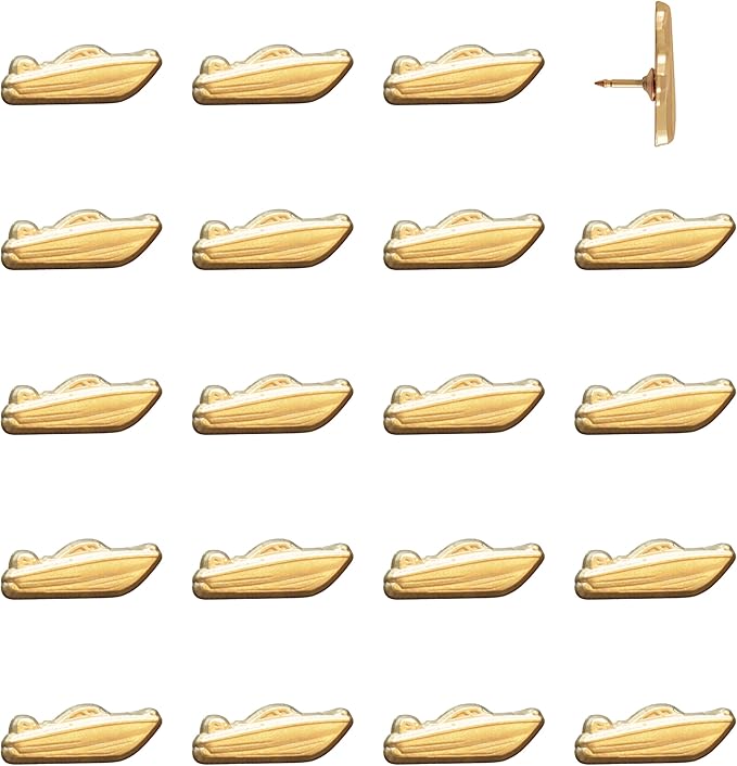 Motor Boat Push Pins - Gold Speedboat Map Pins for Cork Boards, Maps, or Lapel Use - Designed in USA - Set of 20
