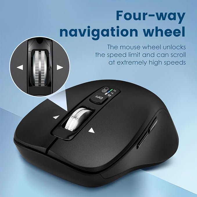 Wireless Bluetooth Mouse (USB + BT1 + BT2), Full Size, 4-Way Scrolling, Multi-Device Silent Mouse for Computer, Laptop, iPad, MacBook (Black)