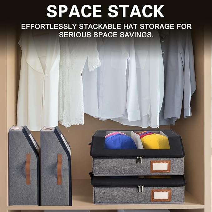 2-in-1 Hat Organizer for Baseball Caps Holds 24-30 Caps Hat Storage with Adjustable Divider Stackable Hats Holder for Closet with Clear lid Cowboy Hat Box for Men Women 1 PCS Black and Grey