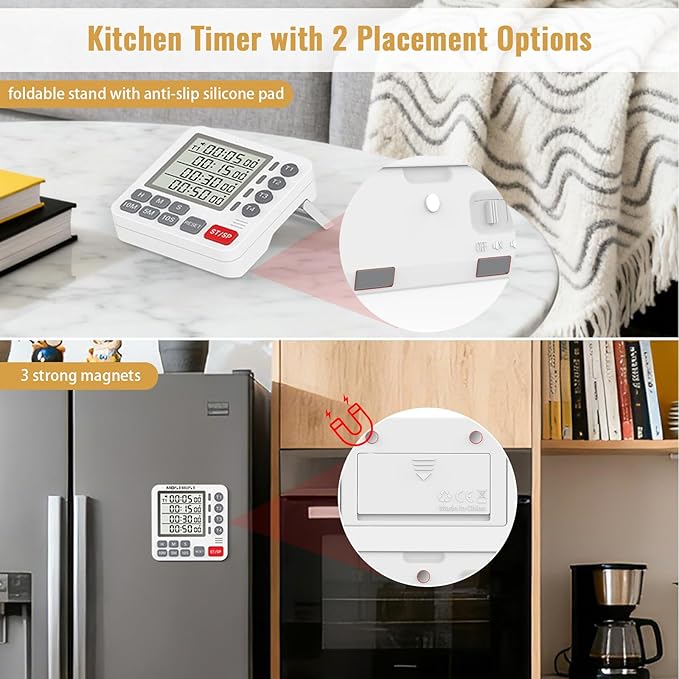 Digital Dual Kitchen Timer, 4 Channels Independent Countdown Timer, Large Display, On/Off, Loud Volume Alarm and Flashing Light with Magnetic Back, Stand, Battery Included (Black)