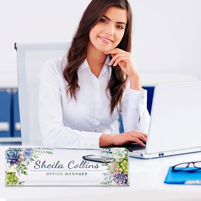 Custom Name Plate for Desk, Employee Appreciation Gifts, Acrylic Desk Name Plate Personalized, Office Desktop Accessories, Office Decor Gifts for Coworkers Boss Teacher (Succulents)