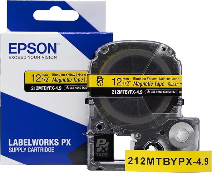 Epson LABELWORKS 212MTBYPX-4.9 Genuine Magnetic Tape Cartridge - Black on Yellow Magnet Label Maker Tape - 1/2" (12MM) Wide, 4.9 ft, Yellow