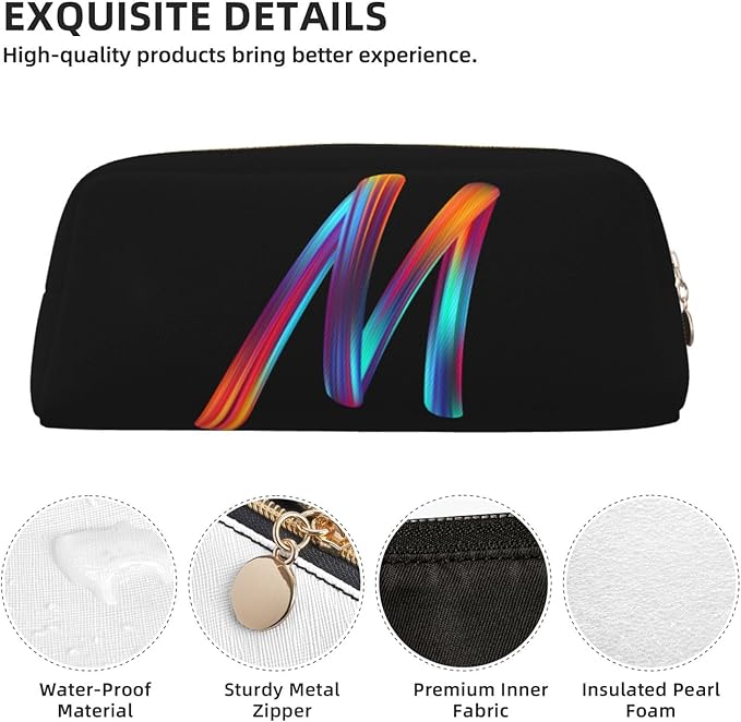 Cute Initial Pencil Case for Kids Simple Leather Pencil Pouch for Boys Girls Letter Design Pencil Box Pen Bag Pencil Pouch Office Stationery Organizer, Rainbow Letter M
