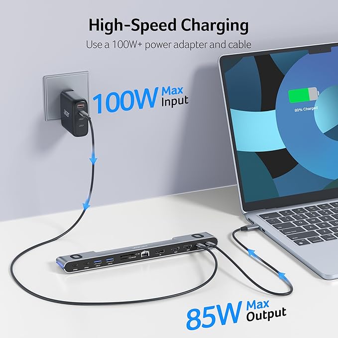 Acer Laptop Docking Station Stand, 11-in-1 USB C Docking Station 3 Monitors with DP 8K + Dual HDMI 4K@60Hz, Ethernet, 10Gbps Data, 100W PD, SD/TF, USB C Dock with Detachable Cable for Acer/Dell/Mac/HP
