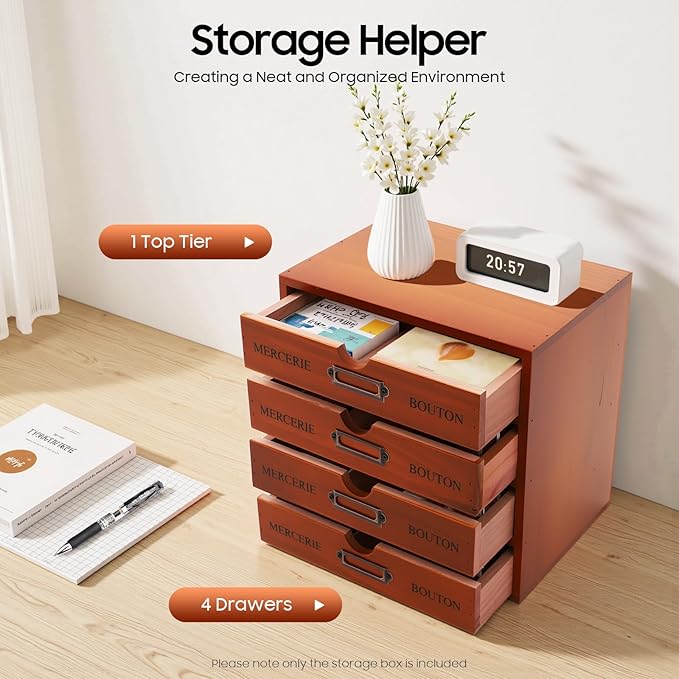 Stackable Wooden Desk Organizer with 4 Drawers Retro Brown Modular Storage Boxes for Home Office, Makeup, Stationery - No Assembly Required