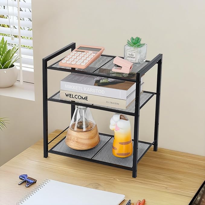 Desktop Shelf Organizer, 3-Tier Office Storage Rack, Adjustable Metal Bookshelf for Top of Desk, Desk Organizer for Office, Home, Dorm and Small Spaces (Black)