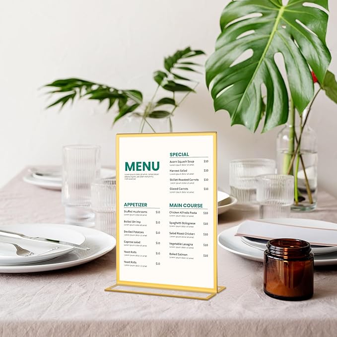 10 Pack Gold Acrylic Sign Holders 4x6 Inch, Double Sided Vertical Stand Clear Picture Frames, Table Menu Display Holders for Wedding Table Numbers, Restaurant Signs, Party and Office Photos