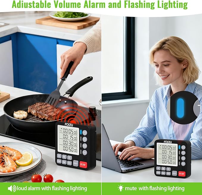 FCXJTU Digital Dual Kitchen Timer, 4-Channel Magnetic Countdown Timer for Cooking, On/Off, Large Display Multi Food Loud Alarm Silent for Classroom Seniors Battery Included (Black)