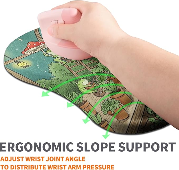 Ergonomic Joint Wrist Support Mouse Pad with Memory Foam Cushion Massage Bump, Carpal Tunnel Pain Relief Mousepad Slope Design for Wrist Rest, 11.8x7.9 in, Cute Frog