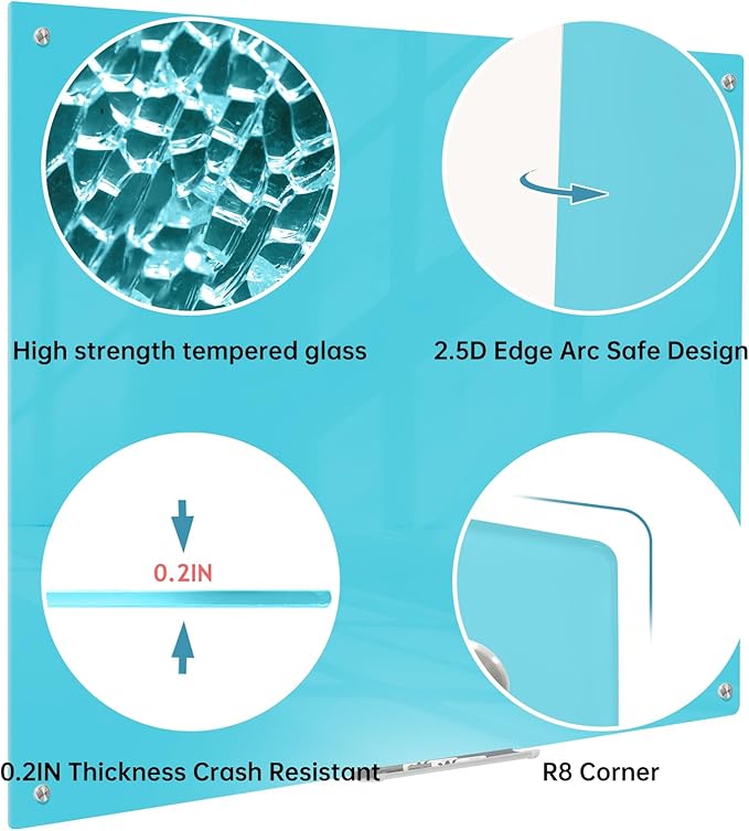 Magnetic Glass Dry Erase Board - White Board 48 x 36 Inch Wall Mounted Glass Whiteboard, Large Frameless Glass White Board for Wall Office, Home & School, Blue