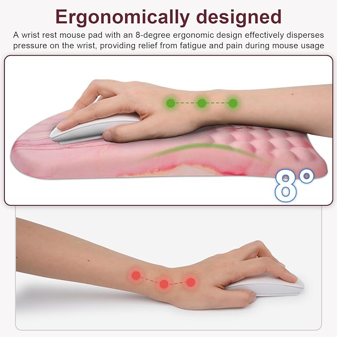 Ergonomic Wrist Mouse Pad with Massage Design, Wrist Rest Pain Relief Mousepad with Memory Foam Non-Slip PU Base, Mouse Pad with Wrist Support for Wireless Mouse & Desk, Y Art Pink Marble