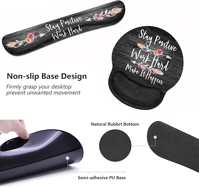 Keyboard Wrist Rest and Mouse Pad Wrist Support Set with Coasters, Stay Positive Work Hard and Make It Happen Inspirational Quote Wrist Mouse Pad with Non-Slip PU Base for Computer Laptop Home Office