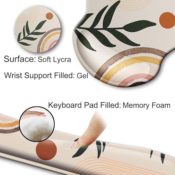 Mouse Pad and Keyboard Wrist Rest Support, with Non-Slip PU Base,Gel Mouse Pad with Coaster,Pain Relief for Gaming, Computer,Office -Boho Style