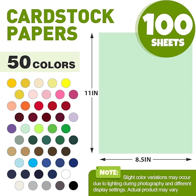 100 Sheets 8.5" X 11" Colored Cardstock, 50 Assorted Colors 230GSM/85LB Construction Paper Card Stock Printer Paper for Printing, Card Making, DIY Crafts, Kids School Supplies,Party Decorations