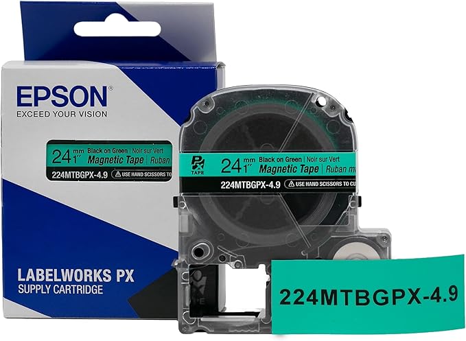 Epson LABELWORKS 224MTBGPX-4.9 Genuine Magnetic Tape Cartridge - Black on Green Magnet Label Maker Tape - 1" (24MM) Wide, 4.9 ft, Green