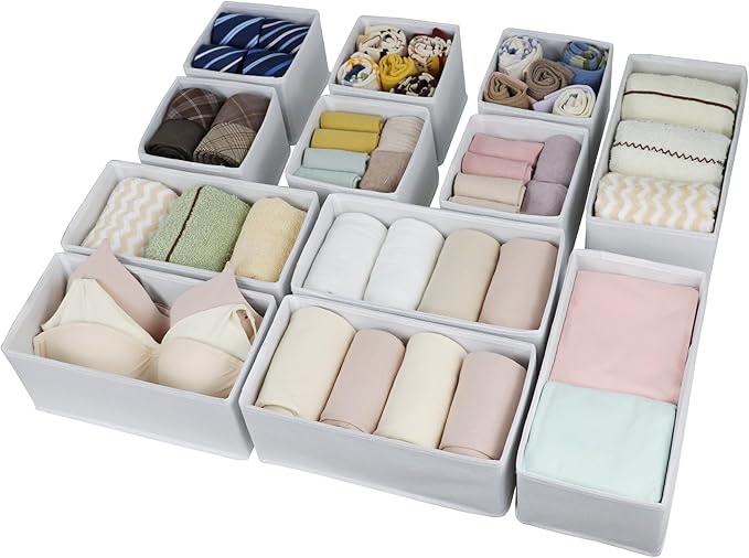 Drawer Organizer Clothes, Foldable Fabric Dresser Organizer Closet Organizers and Storage Box for Underwear,Folded Clothes,Baby Clothing,Socks,Bra,Towels,Ties(6M+6S,White)
