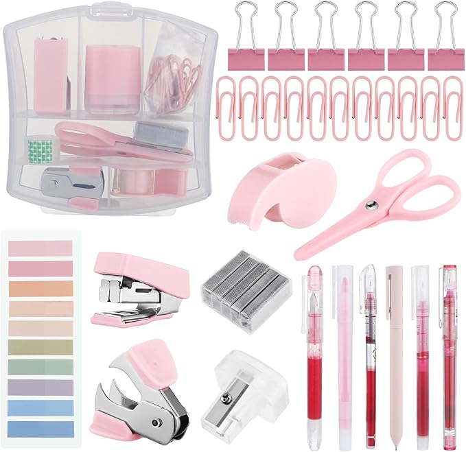 Colarr Mini Office Supply Kit Includes Stapler Tape Dispenser Staple Remover Paper Clips Scissor Staples Pen Sharpener Note Small Telescopic Knife for Office and School Clerk Student (Pink)
