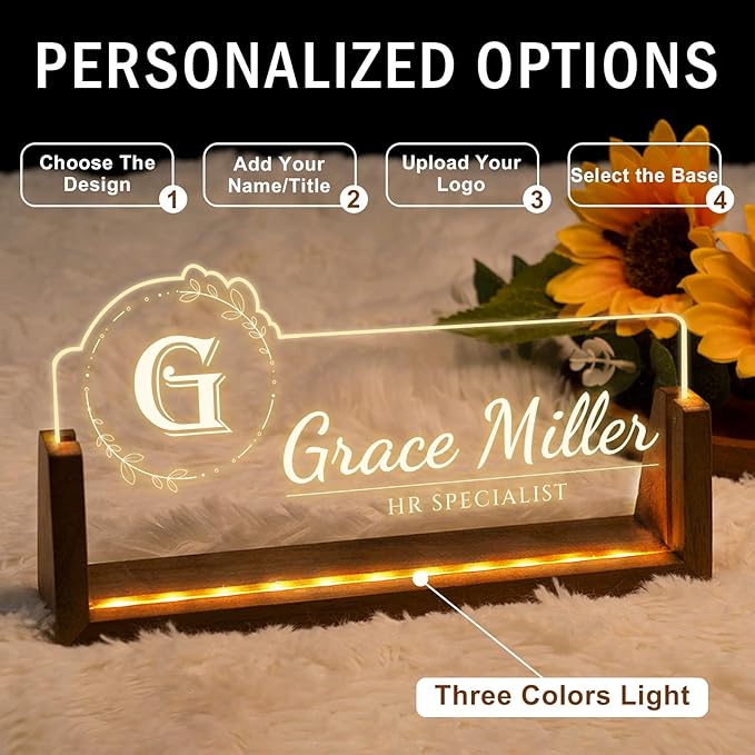Desk Name Plate Personalized, Office Name Plate for Desks, Desk Decorations for Women Men Office - Light Up Name plate, Employee Appreciation Gifts for Coworkers