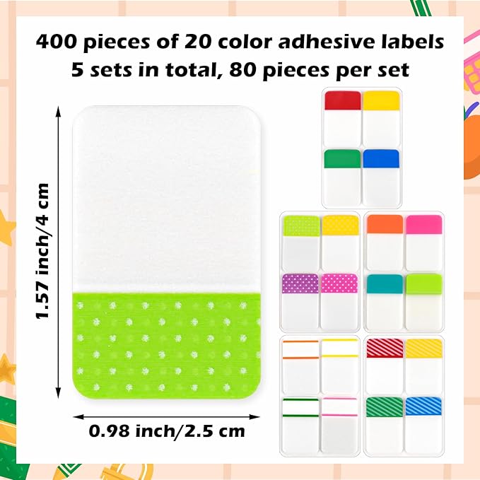 400 Pcs Sticky Index Tabs Colored Sticky Tabs Writable and Repositionable File Tab Self Adhesive Colored Page Markers Labels for Reading Notes Books Book Binders Papers Documents Classify Files