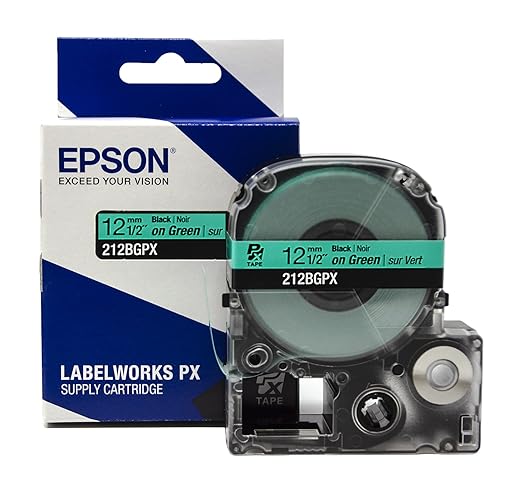 Epson LABELWORKS 212BGPX Genuine PET (Polyester) Tape Cartridge - Black on Green Label Maker Tape - 1/2" (12MM) Wide, 30'
