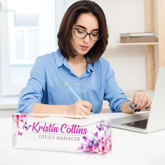 Custom Name Plate for Desk, Personalized Desk Name Plate on Clear Acrylic Glass, Appreciation Gifts for Teacher Employee Boss Coworkers Nurse, Office Desk Accessories for Women Men (Bubblegum)