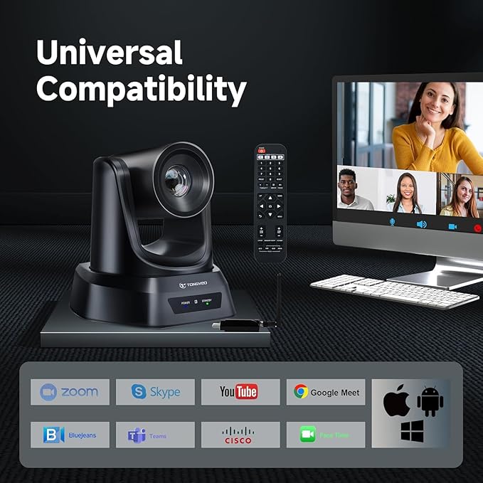 TONGVEO 5.8GHz Wireless Conference Room Webcam, Church Live Streaming 3X USB 1080P 60fps PTZ Camera for Worship Services Online Conference, Works with Zoom, OBS Easy to Set Up