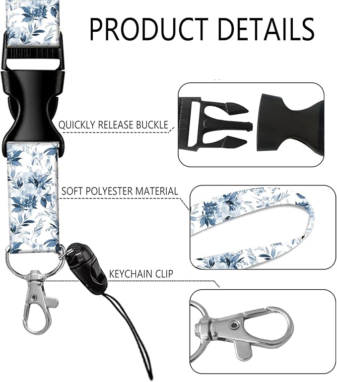 BLOCIT ID Badge Holder with Lanyard and Retractable Badge Reel Clip, Cute Card Name Tag Lanyard Vertical ID Protector Bage Clips for Nurse Doctor Teacher Student（Navy Blue Floral）