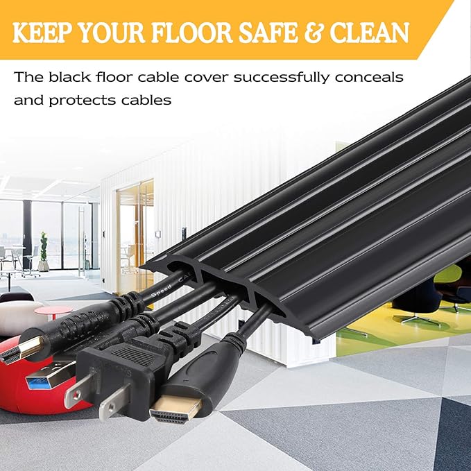 AGPTEK Heavy Duty Floor Cable Cover Cable Protector, 6.5 Ft Floor Cord Protector 3 Channels Floor Cord Cover (Mid Channel 0.62") Contains Cords, Cables and Wires, Good for Office, Home, or Outdoor