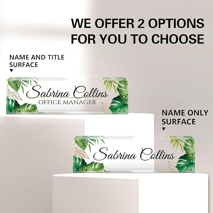 Custom Name Plate for Desk, Desk Name Plate Personalized, Office Decor for Women Men, Acrylic Desktop Accessories, Office Appreciation Gifts for Boss Social Workers Nurse Teacher Employee(Green Leaf)