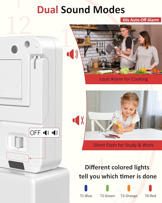 Digital Kitchen Timer for Cooking - 4 Channel Count Up Countdown Timer with Loud Alarm and Silent Mode, Large Display, Magnetic Back, Auto Memory for Classroom Study Gym, Battery Included (White&Grey)