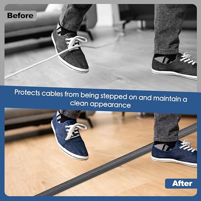 Floor Cord Cover for Wires on Floor Self Adhesive Cord Hider Floor Cable Management Wire Covers for Cords Protector Prevent Cable Trips Cord Cavity W 0.32" x H 0.32", Deep Gray Wood, 20Ft