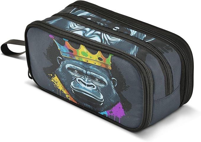 Gorilla with Crown Pencil Case Box Boys Girls Large Pencil Pouch with Zipper Compartments Big Capacity Stationery Pen Bag Organizer for Kids Teens Adults School