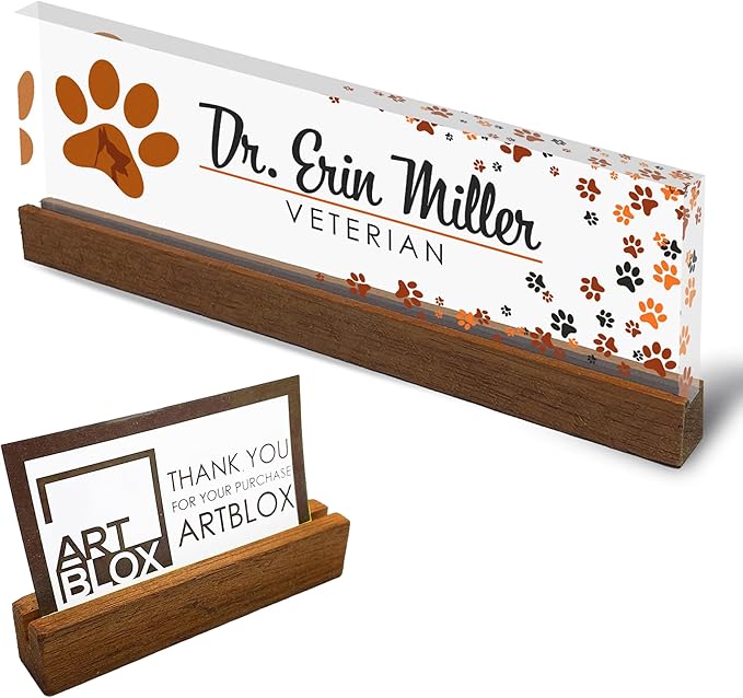 Artblox Personalized Office Desk Name Plate and Business Card Holder | Clear Acrylic Glass with Teak Wood Stand | Vet Animal Design Customized with Your Name and Credentials Office Desk Décor