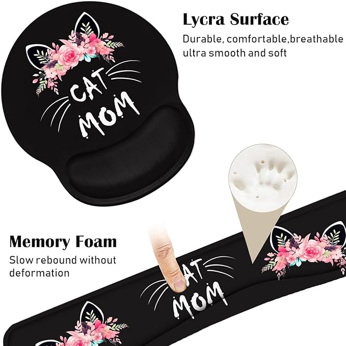 Keyboard Wrist Rest and Mouse Pad Wrist Support Set with Coasters, Non-Slip PU Base Ergonomic Gaming Mousepad for Home Office Working Studying Easy Typing & Pain Relief, Cat Mom Floral