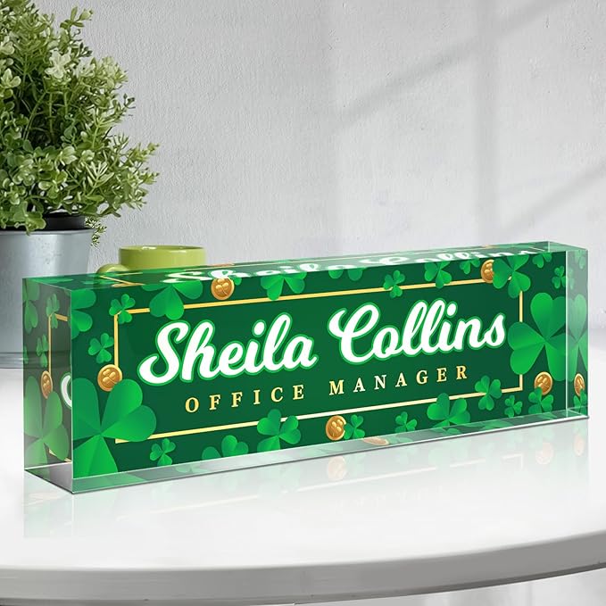 Custom Name Plate for Desk, Employee Appreciation Gifts, Office Decor, Acrylic Desk Name Plate Personalized, Office Desk Accessories, Funny Office Gifts for Coworkers Boss Teacher (Lucky Leaf)