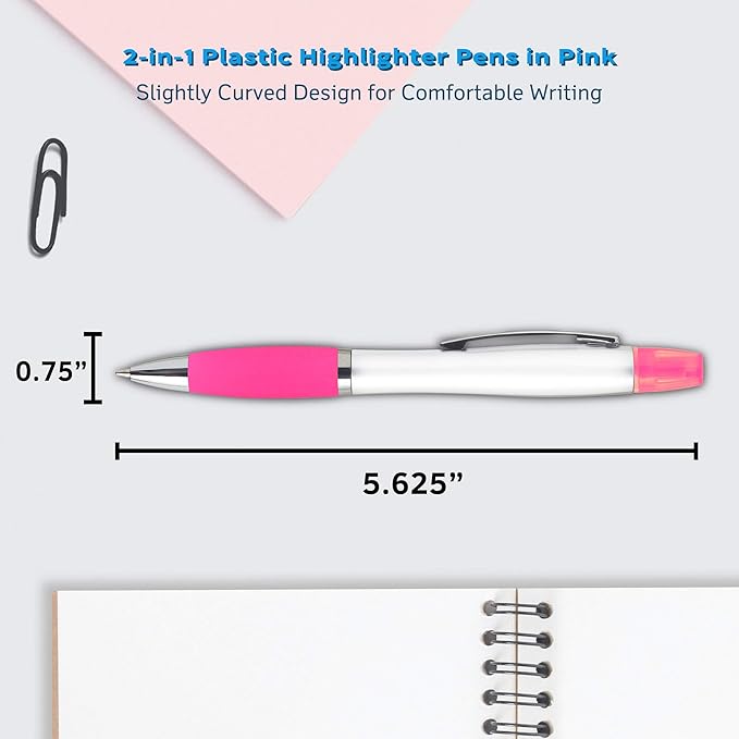 DISCOUNT PROMOS 10 Plastic Highlighter Pens Pack - Rubber Grip, Black Ink - Pink