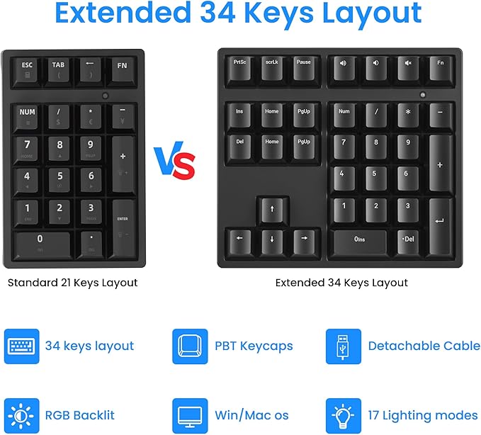 Gurjot Number Pad, Mechanical USB Wired Numeric Keypad with RGB LED Backlit,34 Keys Numpad Keyboard with PBT Keycaps Blue Switches for Windows/Mac Laptop,Computer,Desktop,PC,Notebook (Black)
