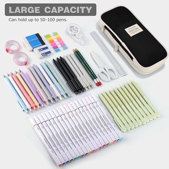 Large Capacity Pencil Case with Zipper, Aesthetic Pencil Pouch, Portable Stationery Organizer Bag for Teen and Adults, Big Pencil Bag for College, Office, Travel - Black