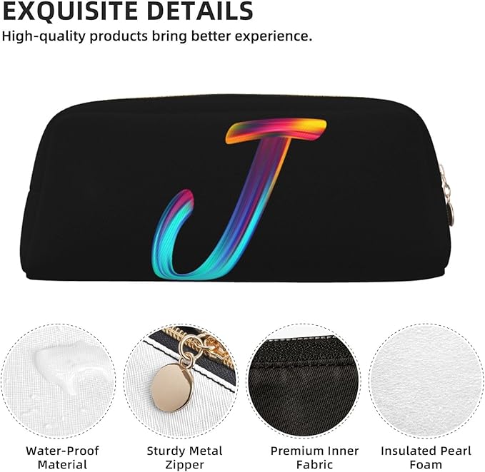 Cute Initial Pencil Case for Kids Simple Leather Pencil Pouch for Boys Girls Letter Design Pencil Box Pen Bag Pencil Pouch Office Stationery Organizer, Rainbow Letter J